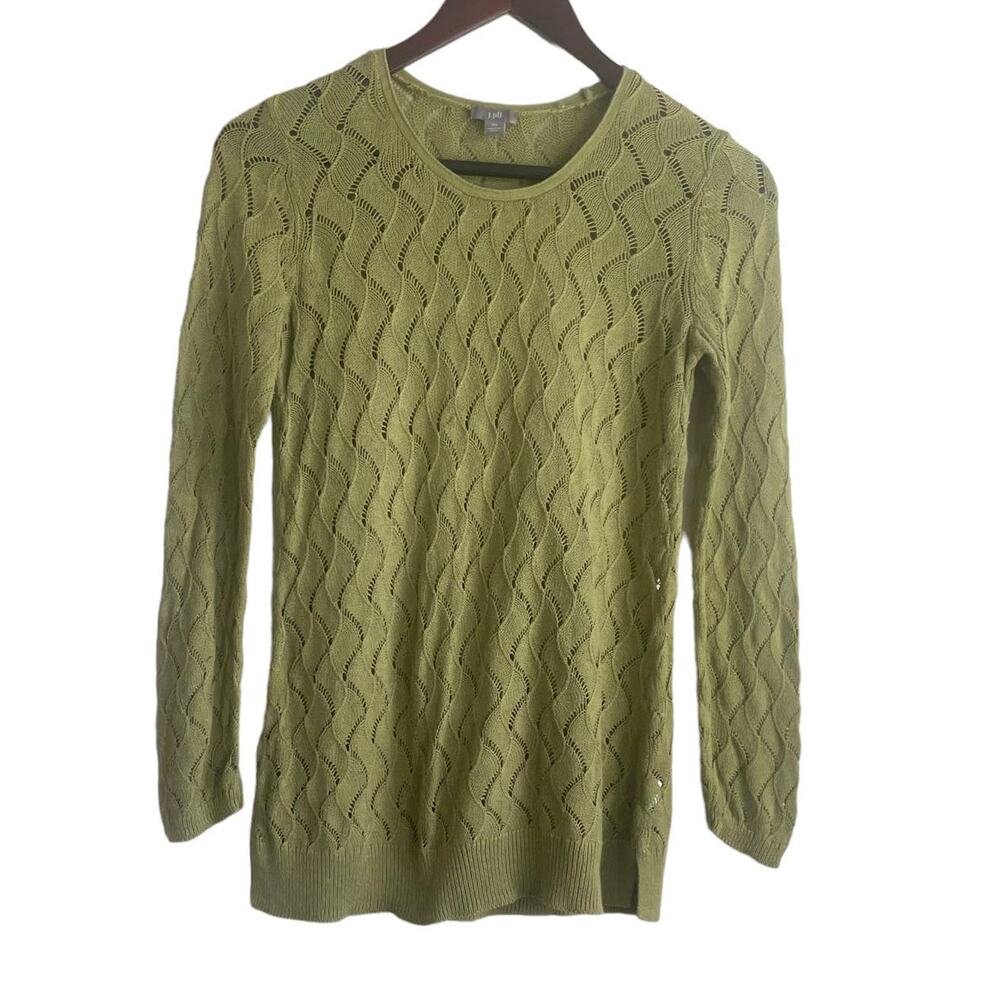 J Jill Women Cotton Linen Top Crew Neck Long Sleeve Open Knit Pullover XS Green